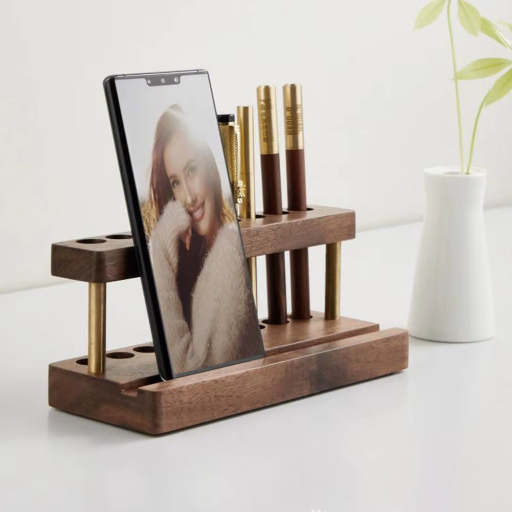 Wooden Pen Holder with Phone Holder 9-Slot