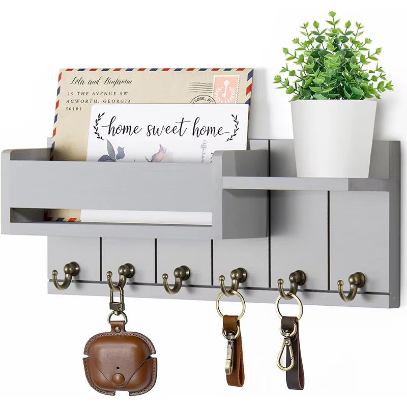 Wall Mounted Wood Key Rack & Mail Organizer