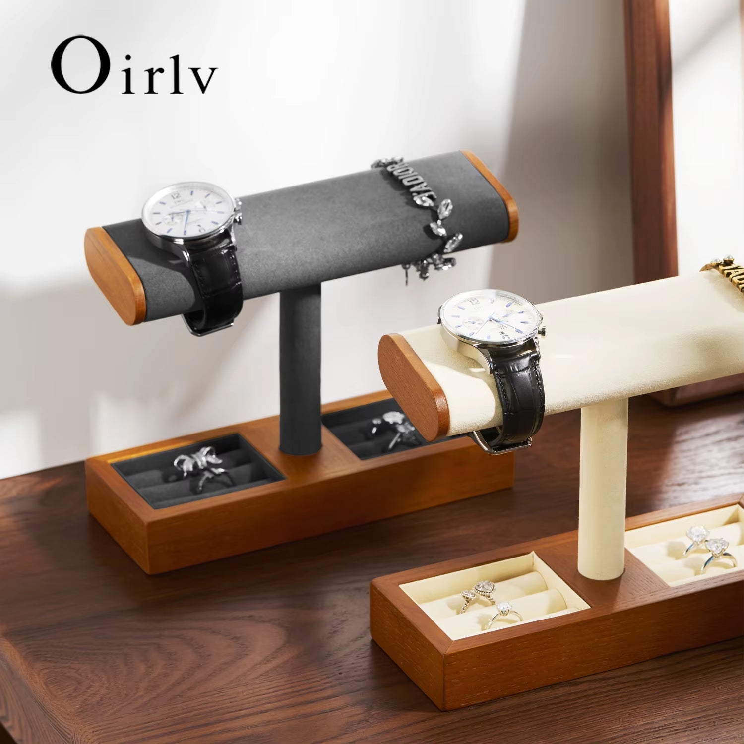 Wooden T-Bar Jewelry Organizer & Watch Display