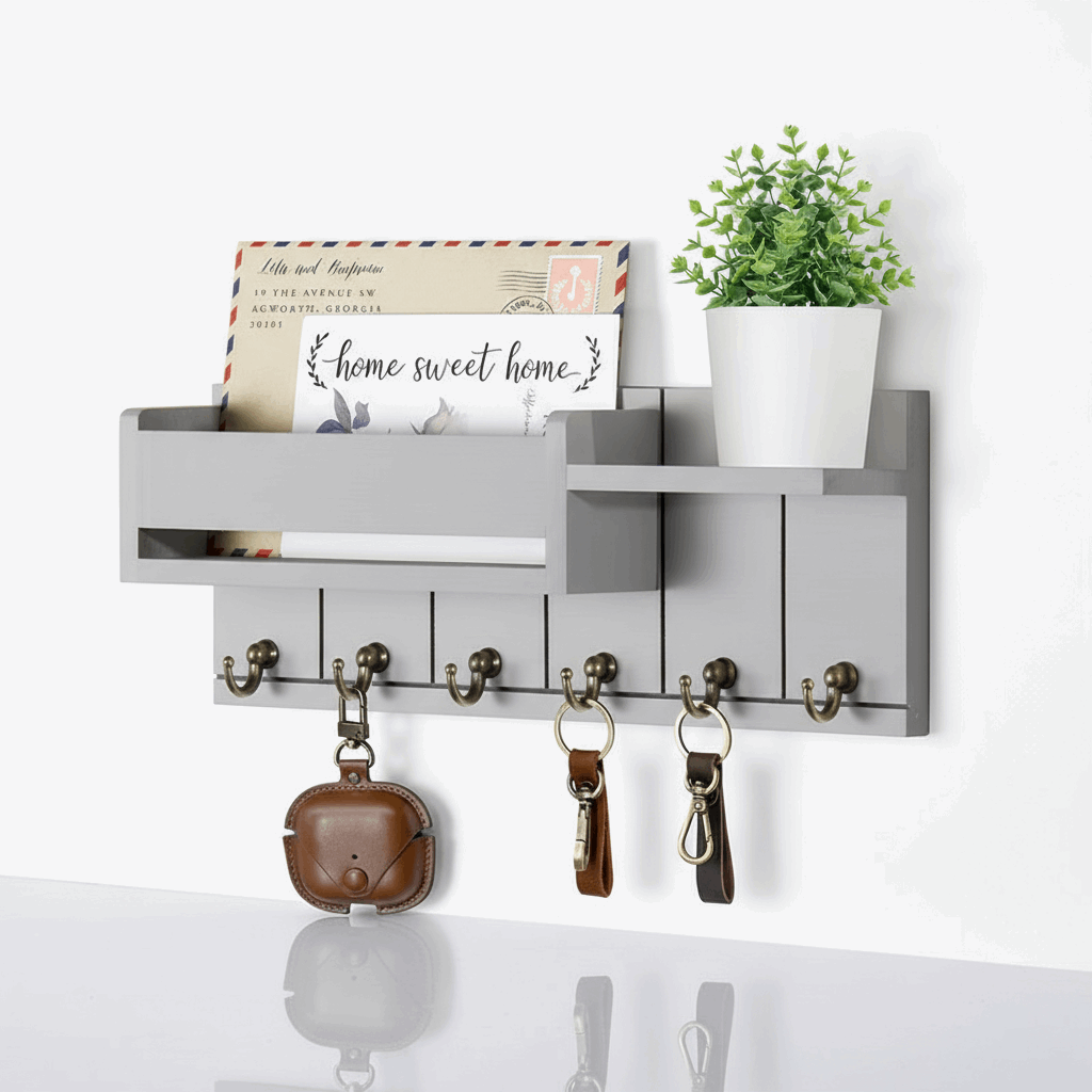 Wall Mounted Wood Key Rack & Mail Organizer