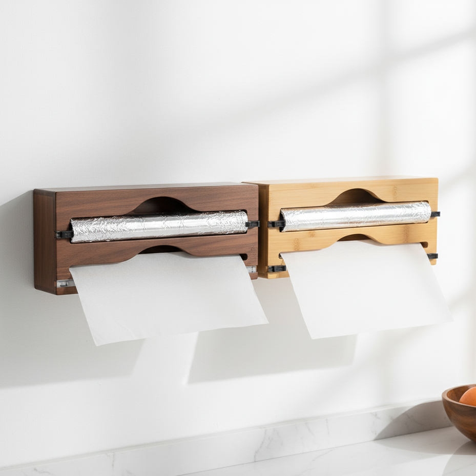 Bamboo Kitchen Wrap Dispenser with Foil & Cling Film Cutter