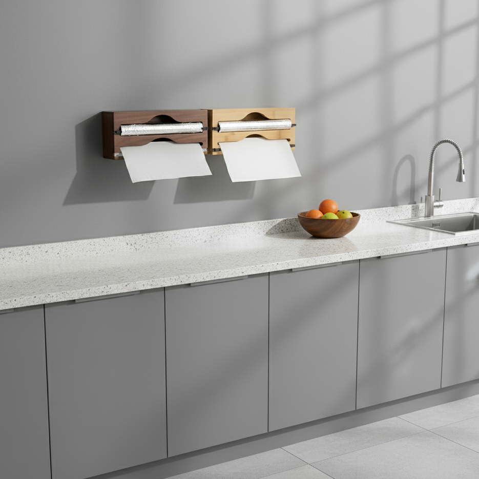 Bamboo Kitchen Wrap Dispenser with Foil & Cling Film Cutter