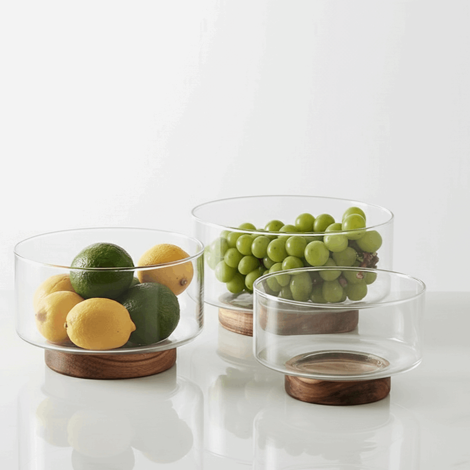 Glass Fruit & Snack Bowl with Wooden Base