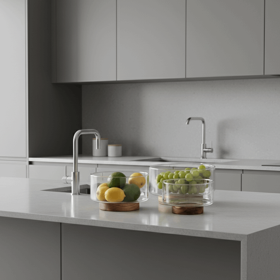 Glass Fruit & Snack Bowl with Wooden Base